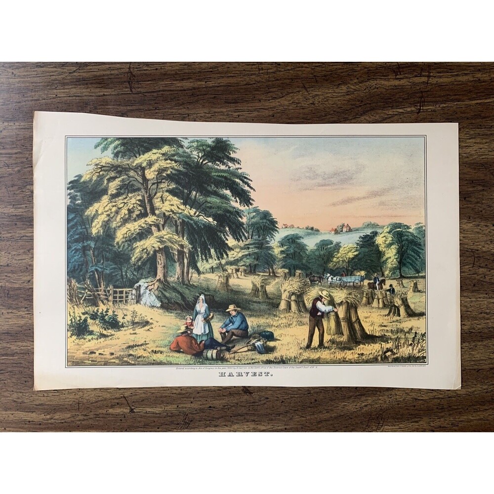 Currier and Ives "Harvest" Calendar Print Hay Haystacks Barrel Farm Horse Wagon